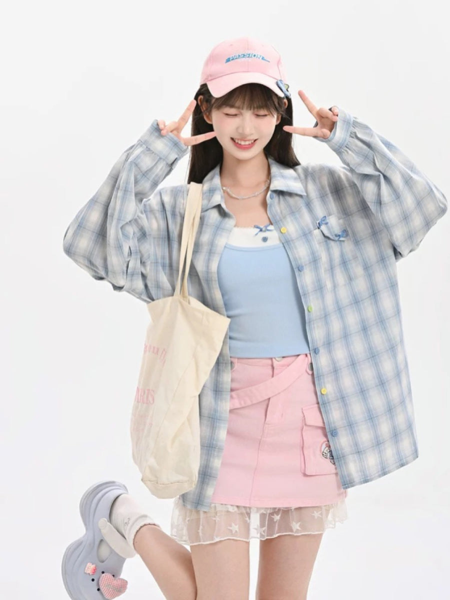 Blueberry Plaid Shirt Jacket-Tops-ntbhshop