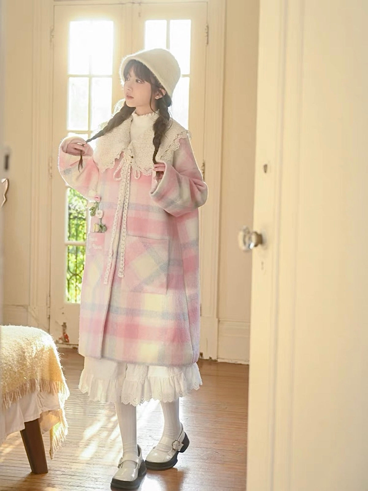 Candy Drapery Pink Plaid Quilted Mid-Length Coat-ntbhshop