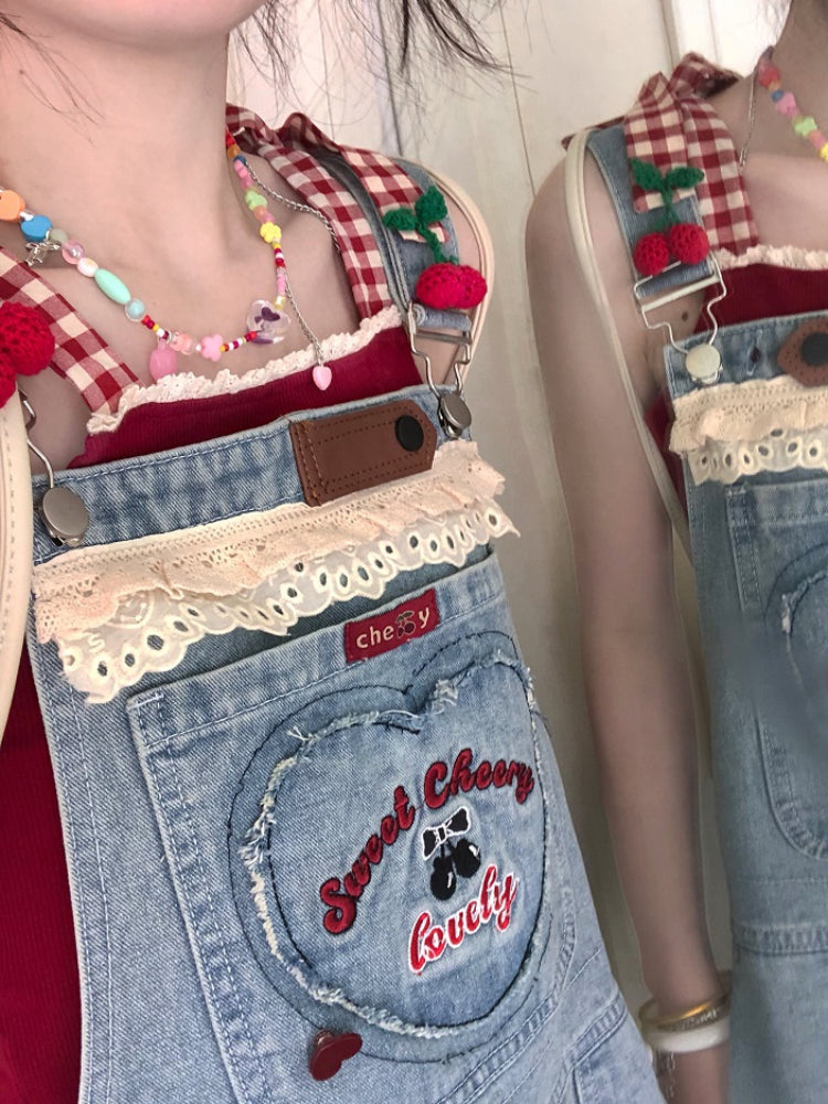 Sweet Cherry Denim Dungaree Dresses-ntbhshop