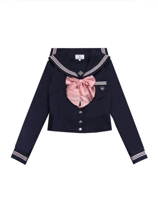 Sleeves Sweet Beige Embroidery Short Collar Sakura Top with Pink Sailor