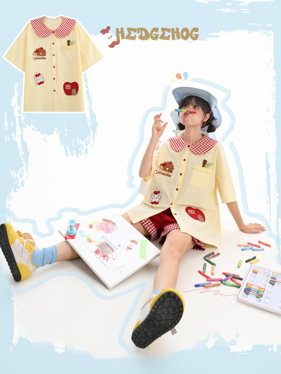 Apple Hedgehog Picnic Blouse-Tops-ntbhshop