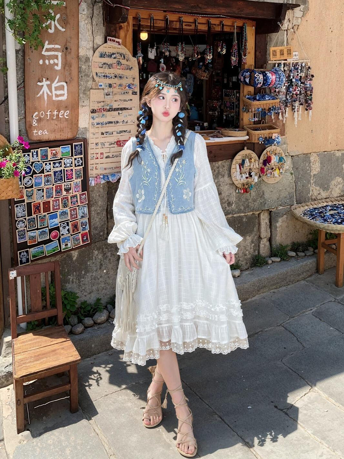 Willow Meadow Denim Vest & Cotton Dresses-Sets-ntbhshop