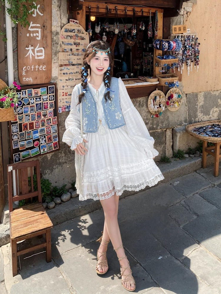 dresses with denim vest Workwear Dresses Women Floor-Length White Cami Dress with Short Hooded Denim Vest Two Piece Set Winter from Dhgate Work Dresses