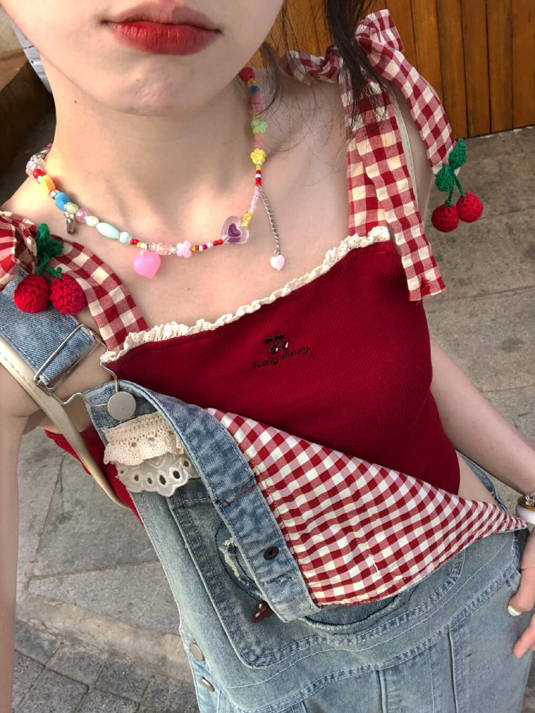 Lovely Cherry Plaid Strap Tops-ntbhshop