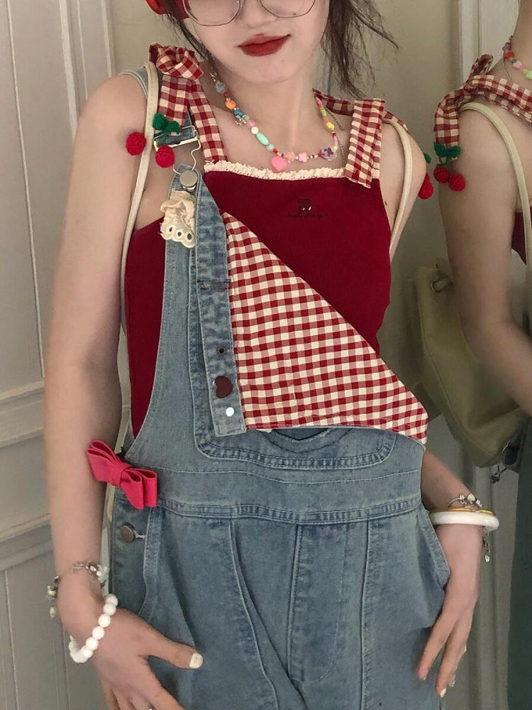 Lovely Cherry Plaid Strap Tops-ntbhshop
