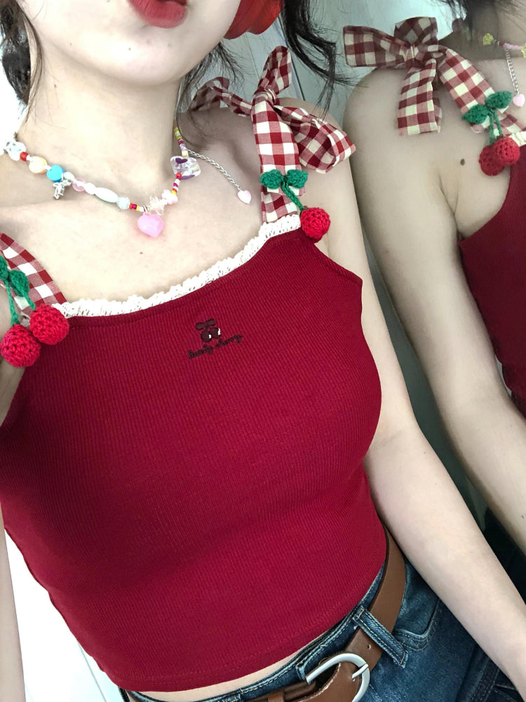 Lovely Cherry Plaid Strap Tops-ntbhshop