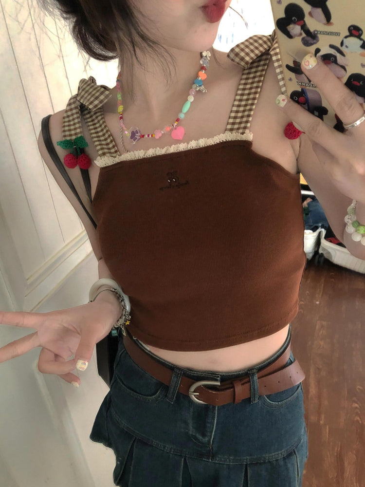 Lovely Cherry Plaid Strap Tops-ntbhshop