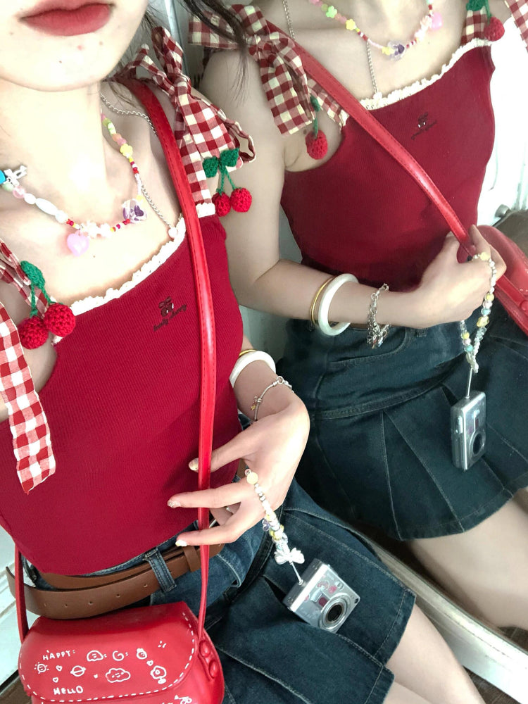 Lovely Cherry Plaid Strap Tops-ntbhshop
