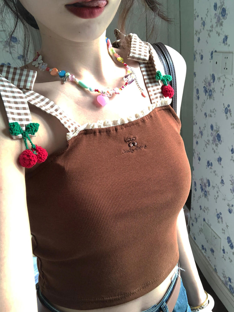 Lovely Cherry Plaid Strap Tops-ntbhshop