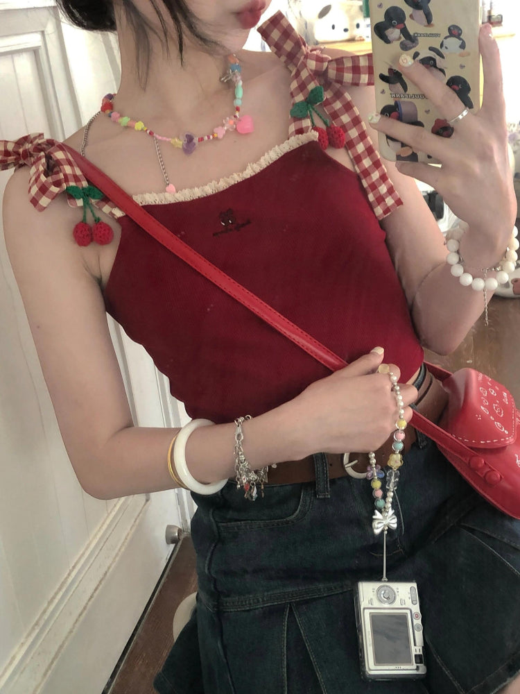 Lovely Cherry Plaid Strap Tops-ntbhshop