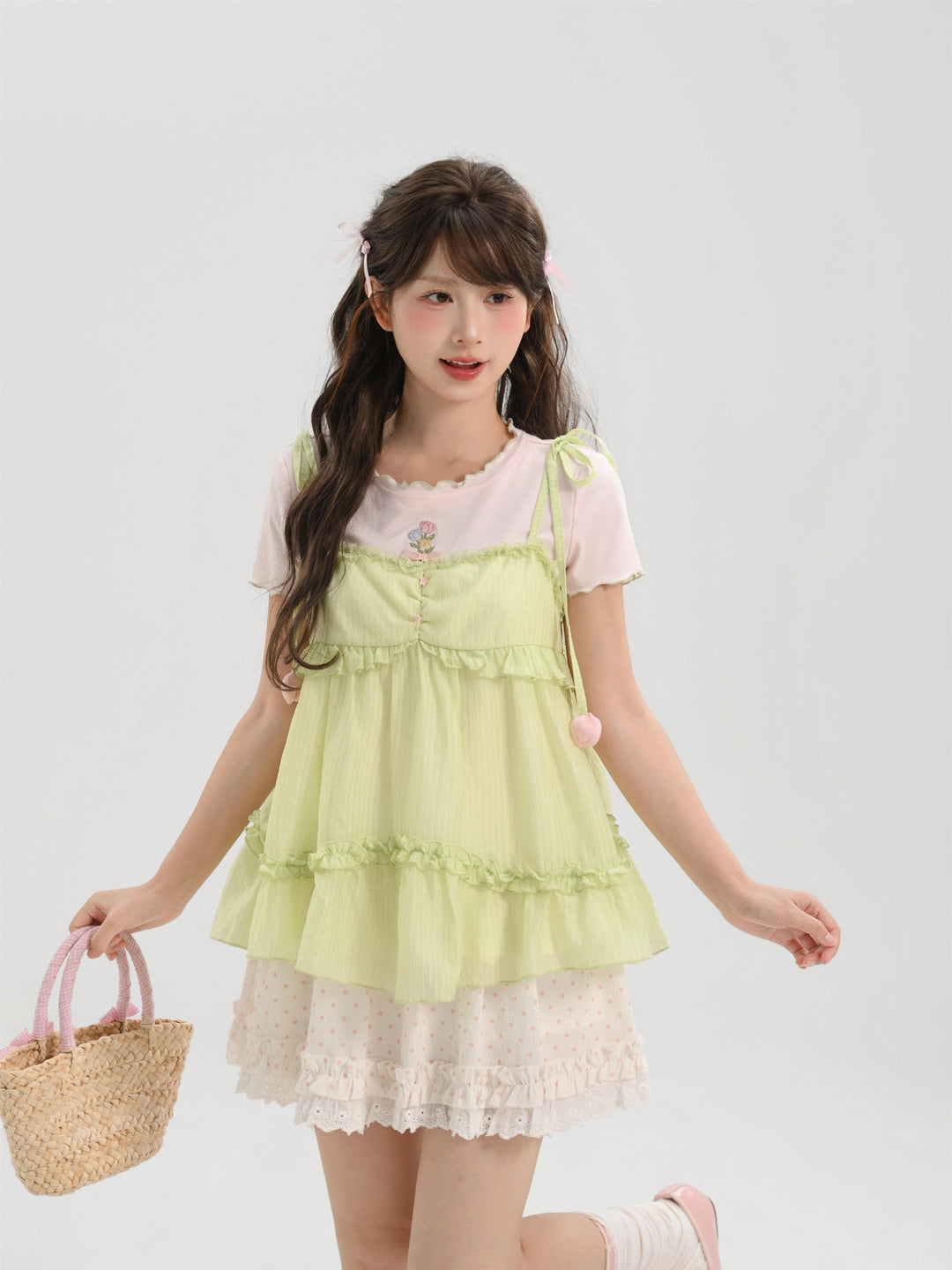 Tulip Veil Ribbon Babydoll Blouse-Tops-ntbhshop