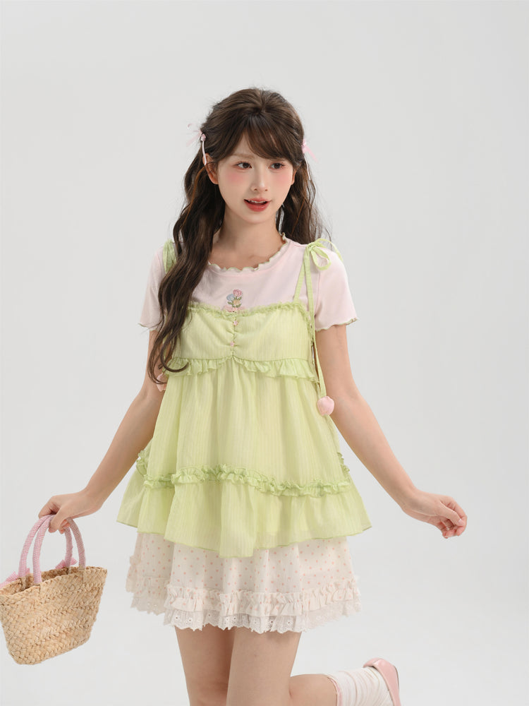 Tulip Veil Ribbon Babydoll Blouse-Tops-ntbhshop