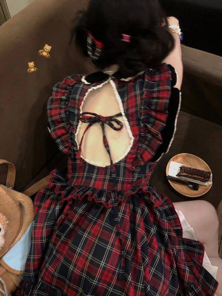 Crimson Heart Open Back Plaid Dress-ntbhshop