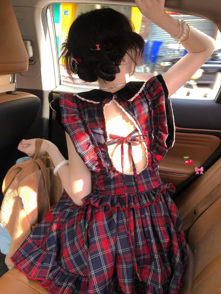 Crimson Heart Open Back Plaid Dress-ntbhshop
