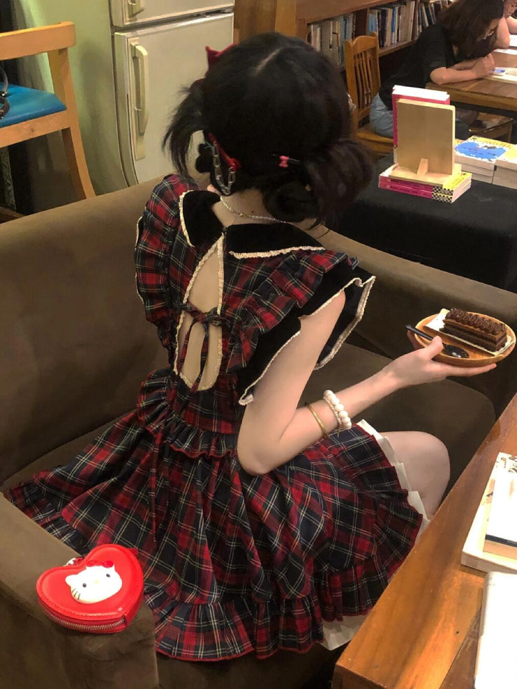 Crimson Heart Open Back Plaid Dress-ntbhshop