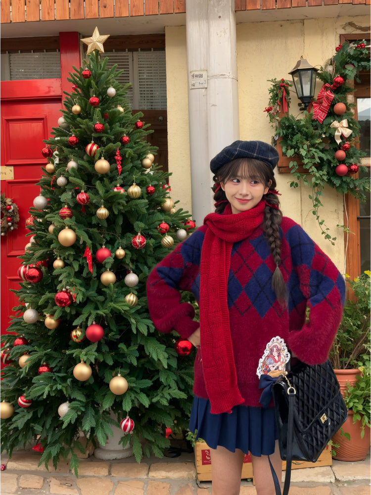 Christmas Snow White Soft Mohair Diamond Sweater-ntbhshop