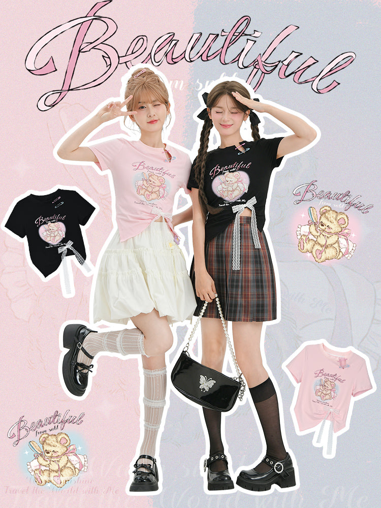 Sweet Girl Bear Print Cutout Crop Tops-ntbhshop