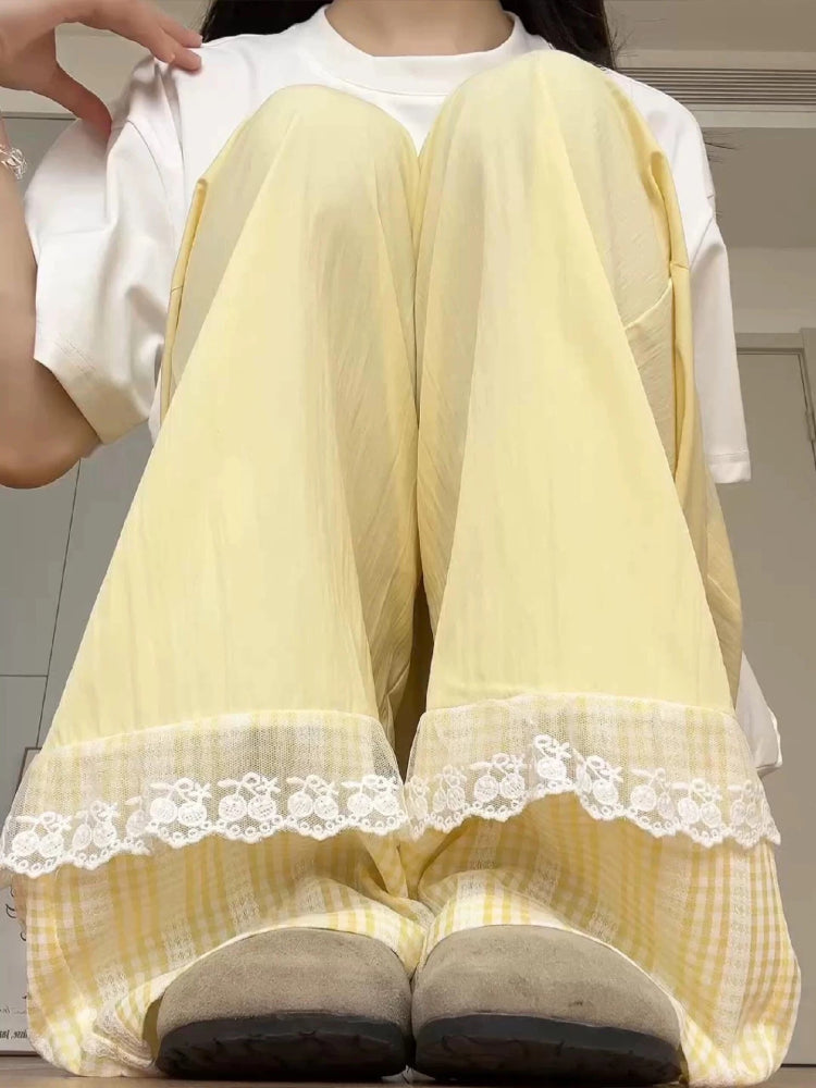 Milk Bloom Gingham Wide Leg Pants-ntbhshop