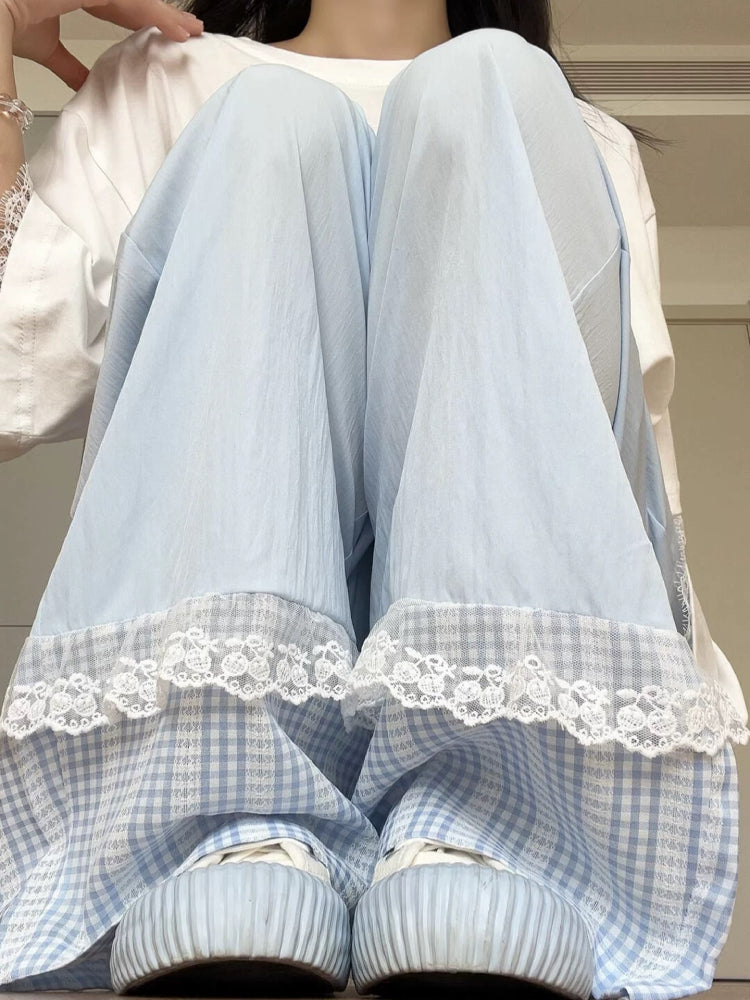 Milk Bloom Gingham Wide Leg Pants-ntbhshop