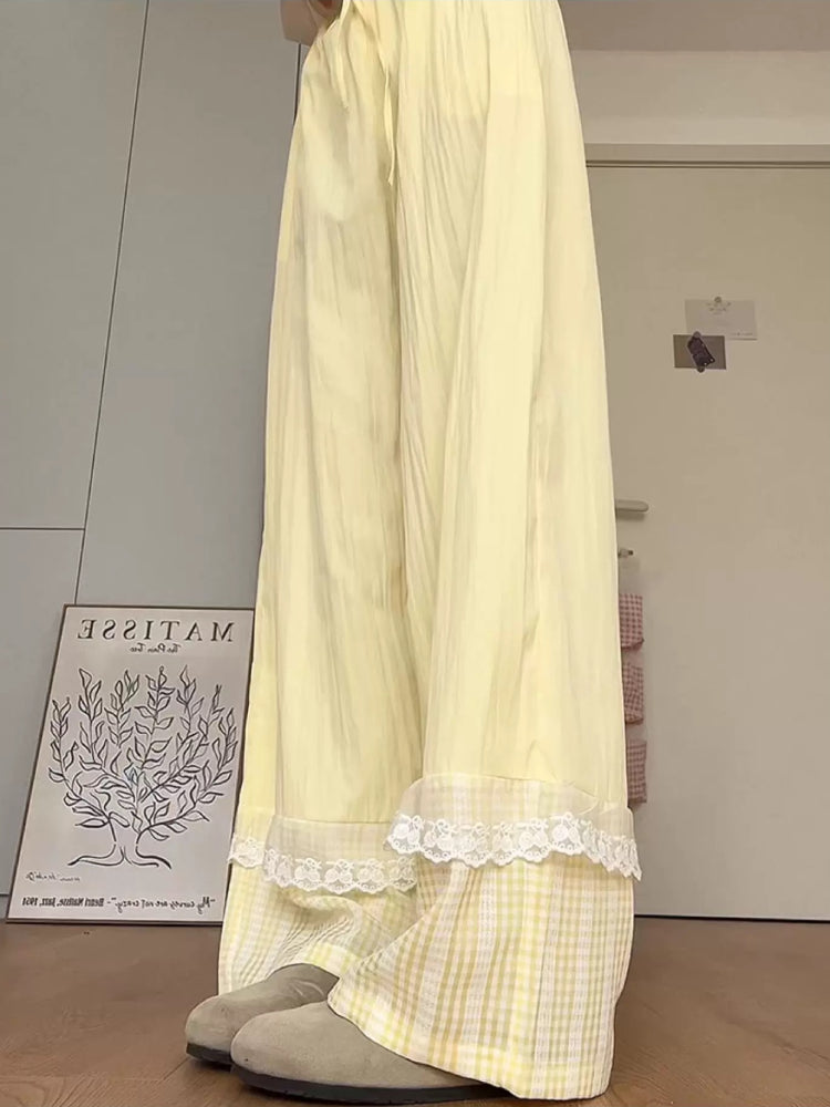 Milk Bloom Gingham Wide Leg Pants-ntbhshop