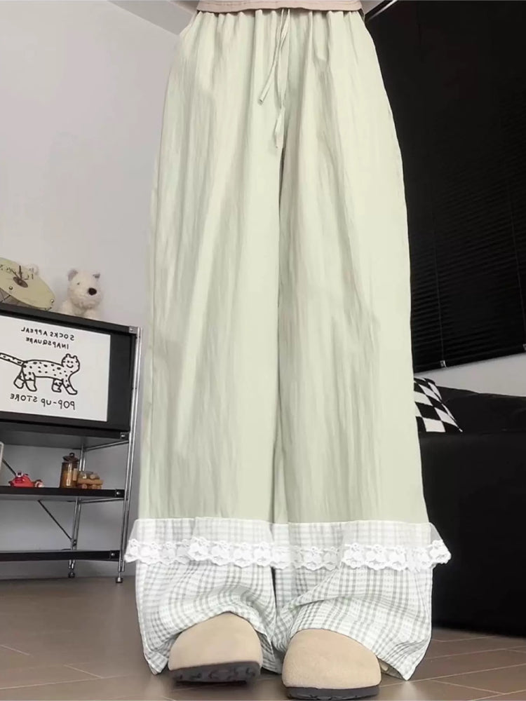 Milk Bloom Gingham Wide Leg Pants-ntbhshop
