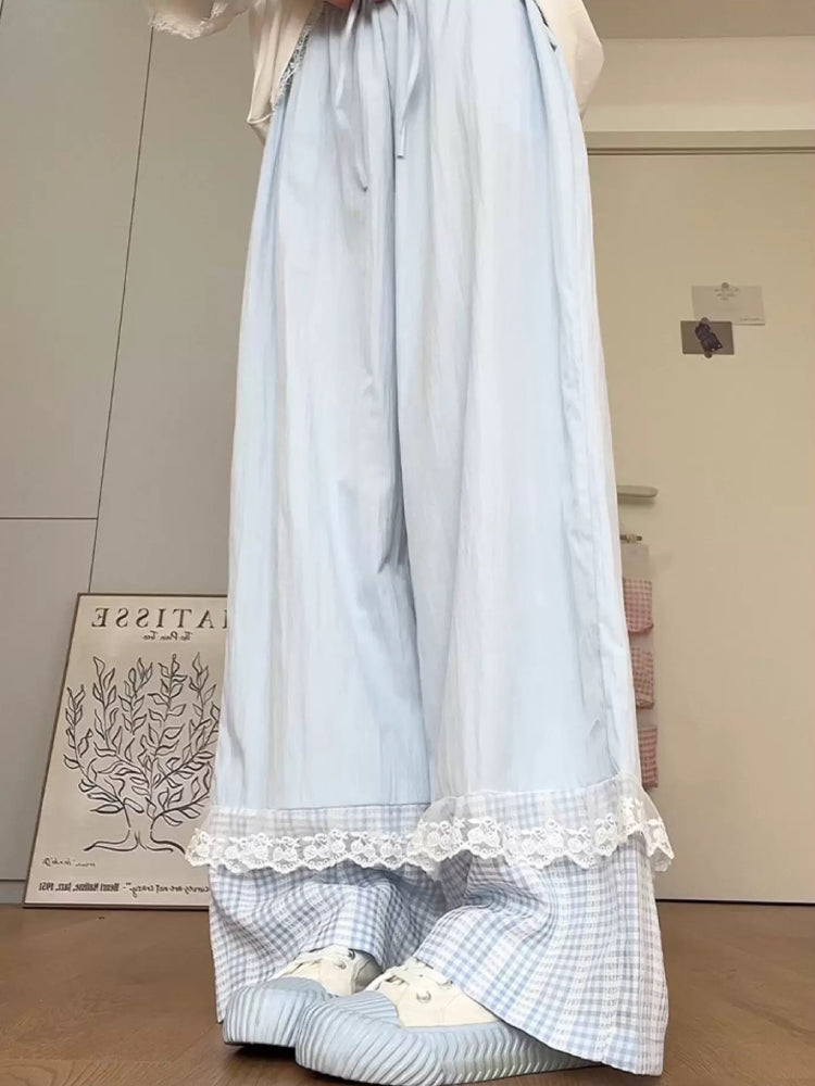 Milk Bloom Gingham Wide Leg Pants-ntbhshop