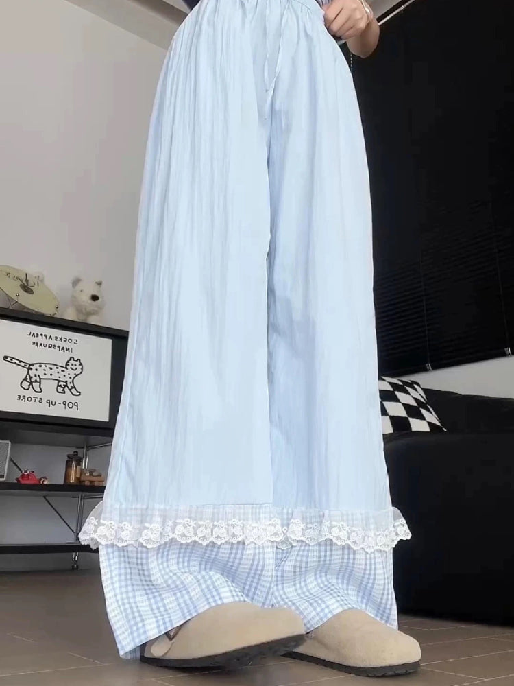 Milk Bloom Gingham Wide Leg Pants-ntbhshop