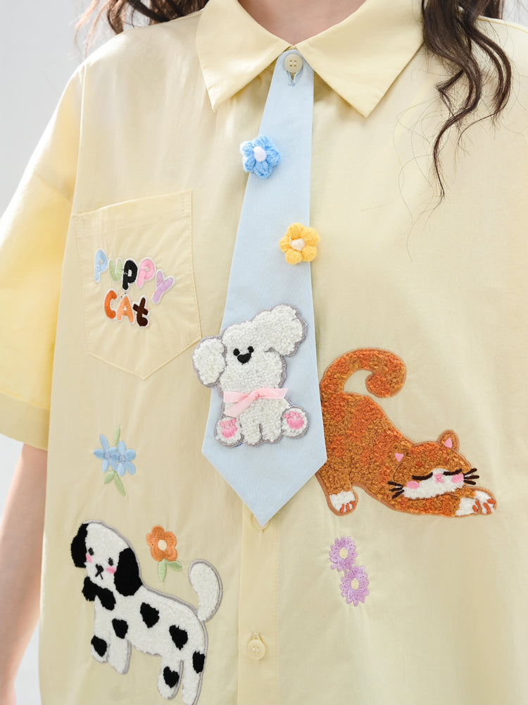 Puppy Party Cotton Tie Shirts-Tops-ntbhshop