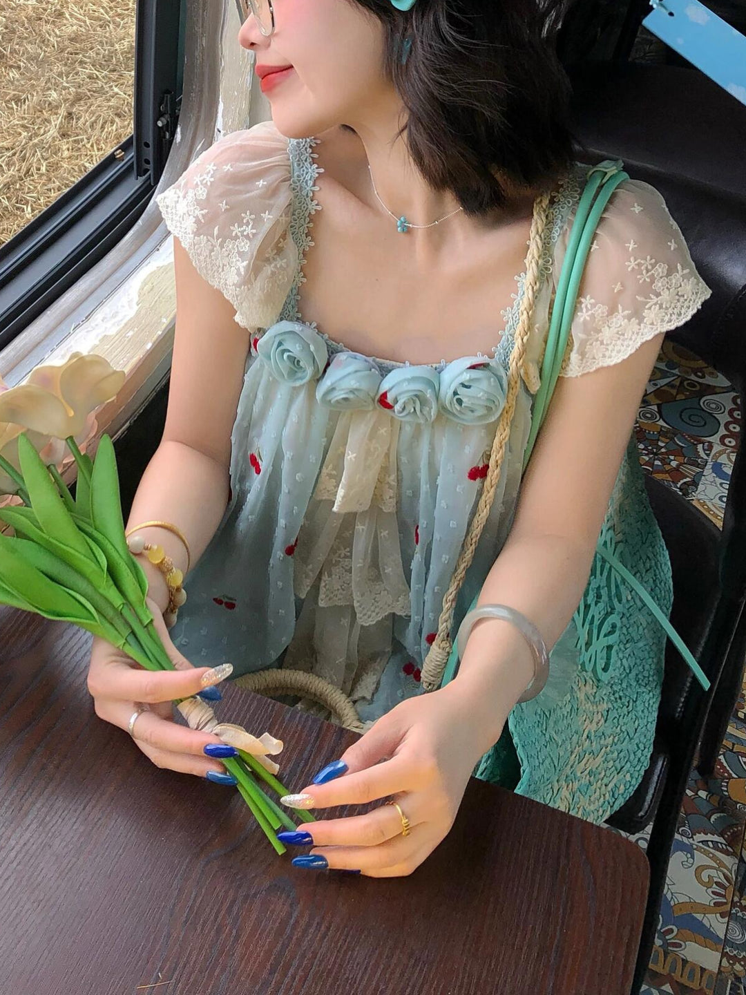 Cherry Rosette Bubble Blouses-Tops-ntbhshop