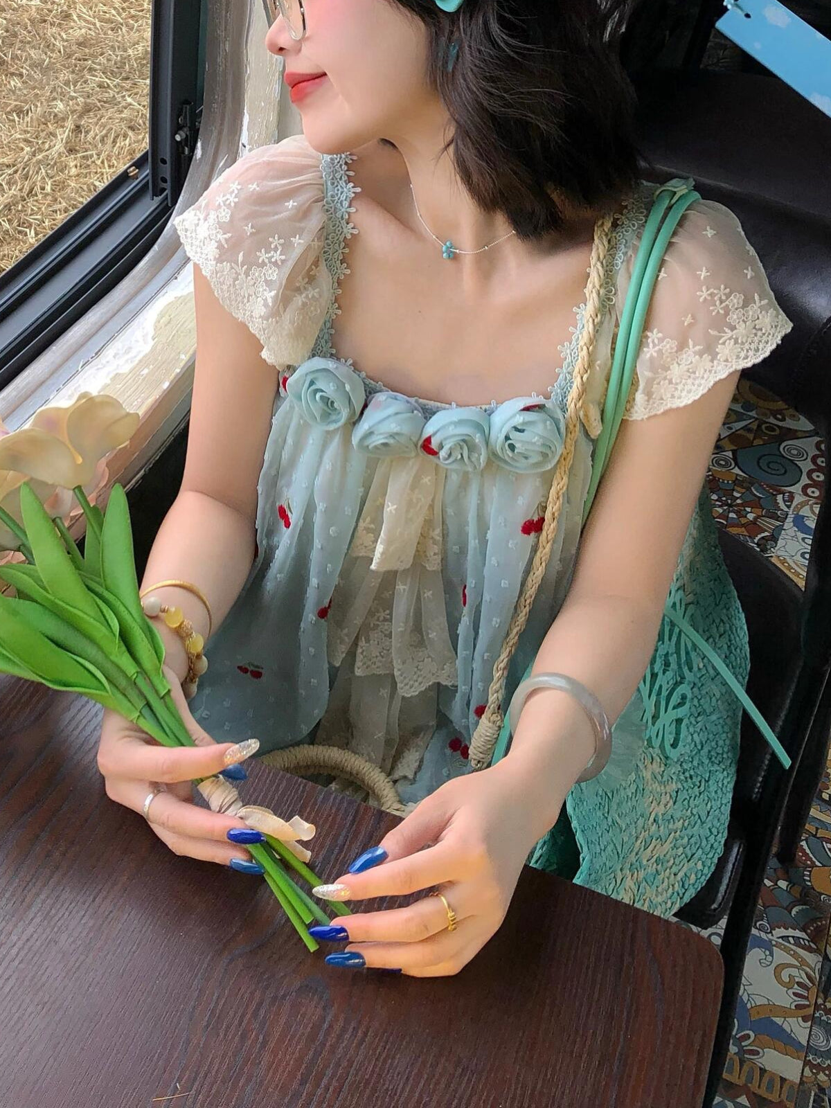 Cherry Rosette Bubble Blouses-Tops-ntbhshop