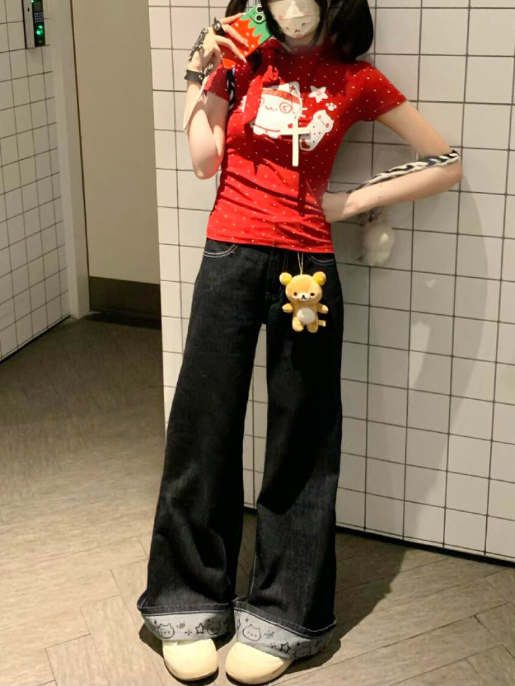 Moonpaw Wide Leg Cuffed Jeans-ntbhshop