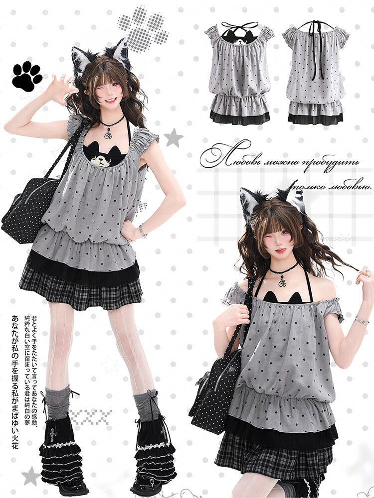 Milk Cat Halter Dress-Tops-ntbhshop