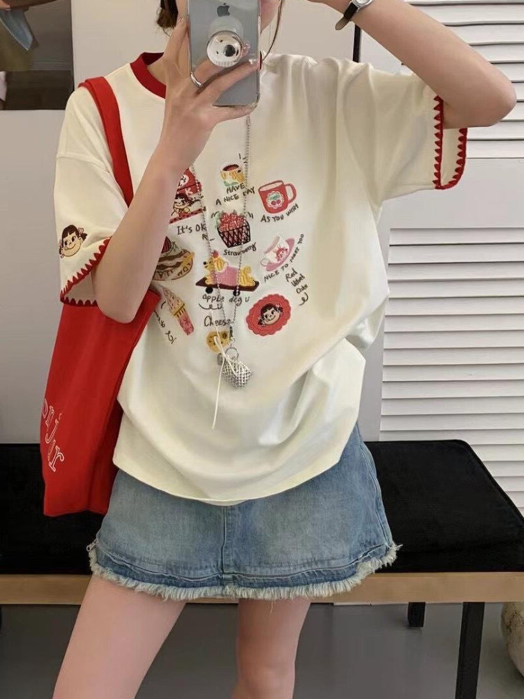 Retro Cartoon Embroidered Oversized Tee-ntbhshop