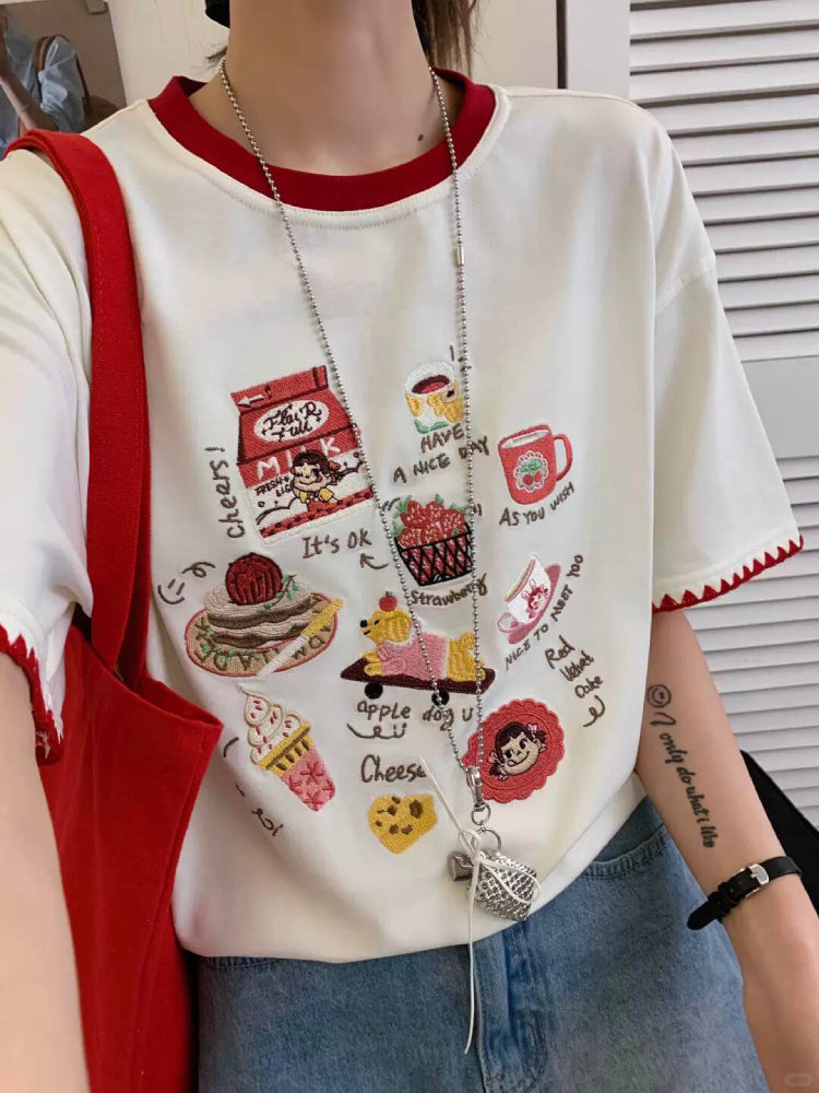 Retro Cartoon Embroidered Oversized Tee-ntbhshop