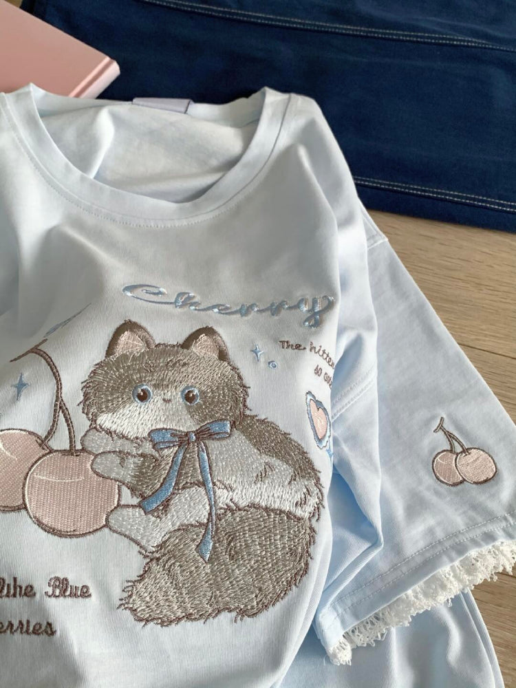 Baby Baby Blue Cherry Cat Lace Tees-ntbhshop