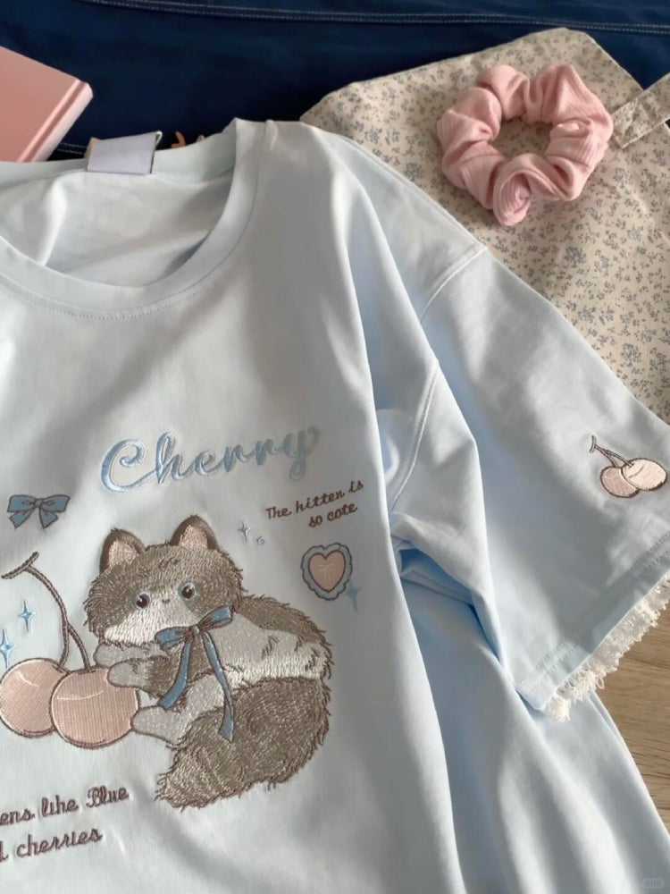 Baby Baby Blue Cherry Cat Lace Tees-ntbhshop