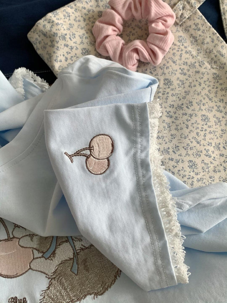 Baby Baby Blue Cherry Cat Lace Tees-ntbhshop