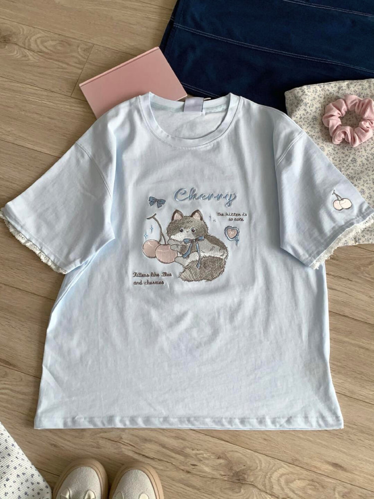Baby Baby Blue Cherry Cat Lace Tees-ntbhshop