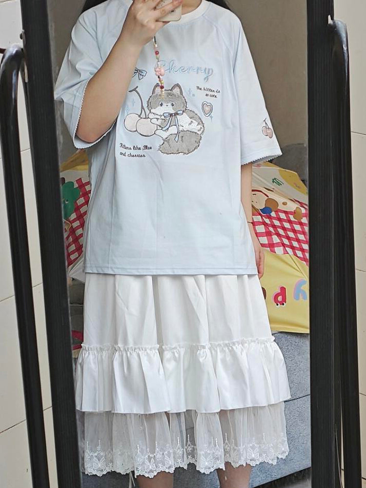 Baby Baby Blue Cherry Cat Lace Tees-ntbhshop