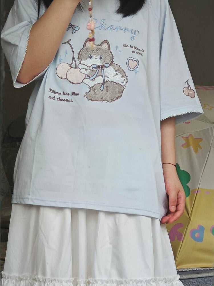 Baby Baby Blue Cherry Cat Lace Tees-ntbhshop