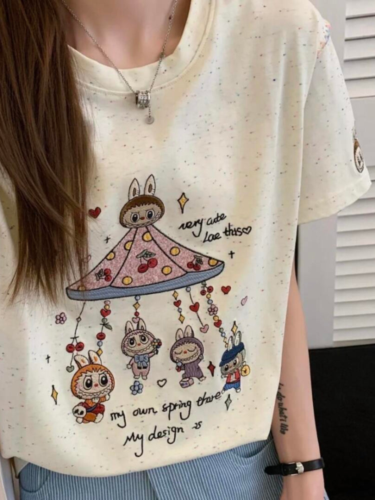 Labubu Mischief Embroidery Cartoon Tee-ntbhshop