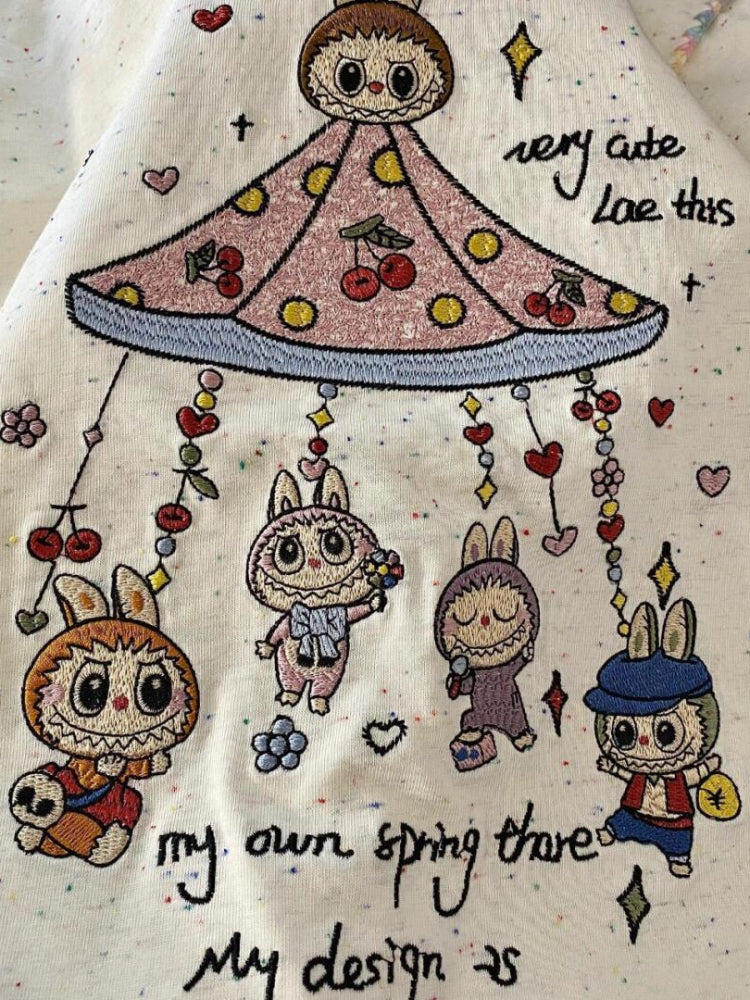 Labubu Mischief Embroidery Cartoon Tee-ntbhshop