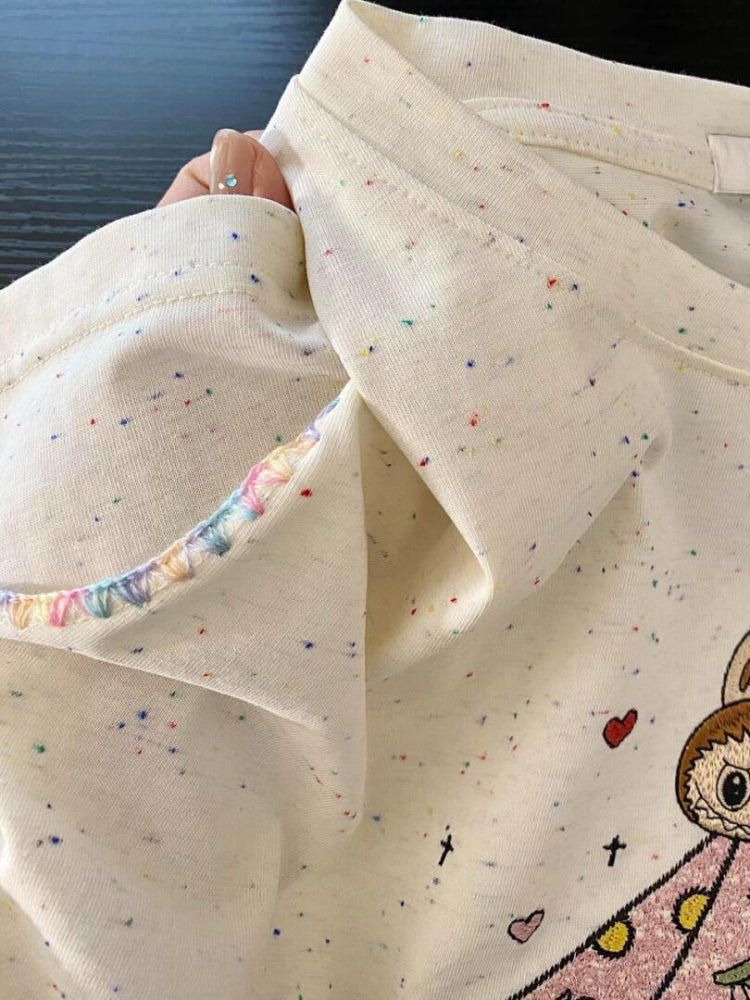 Labubu Mischief Embroidery Cartoon Tee-ntbhshop