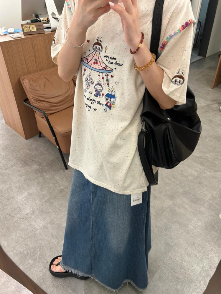 Labubu Mischief Embroidery Cartoon Tee-ntbhshop