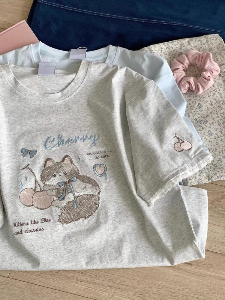 Baby Baby Blue Cherry Cat Lace Tees-ntbhshop