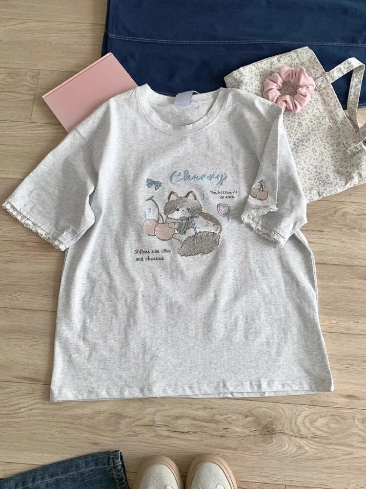 Baby Baby Blue Cherry Cat Lace Tees-ntbhshop