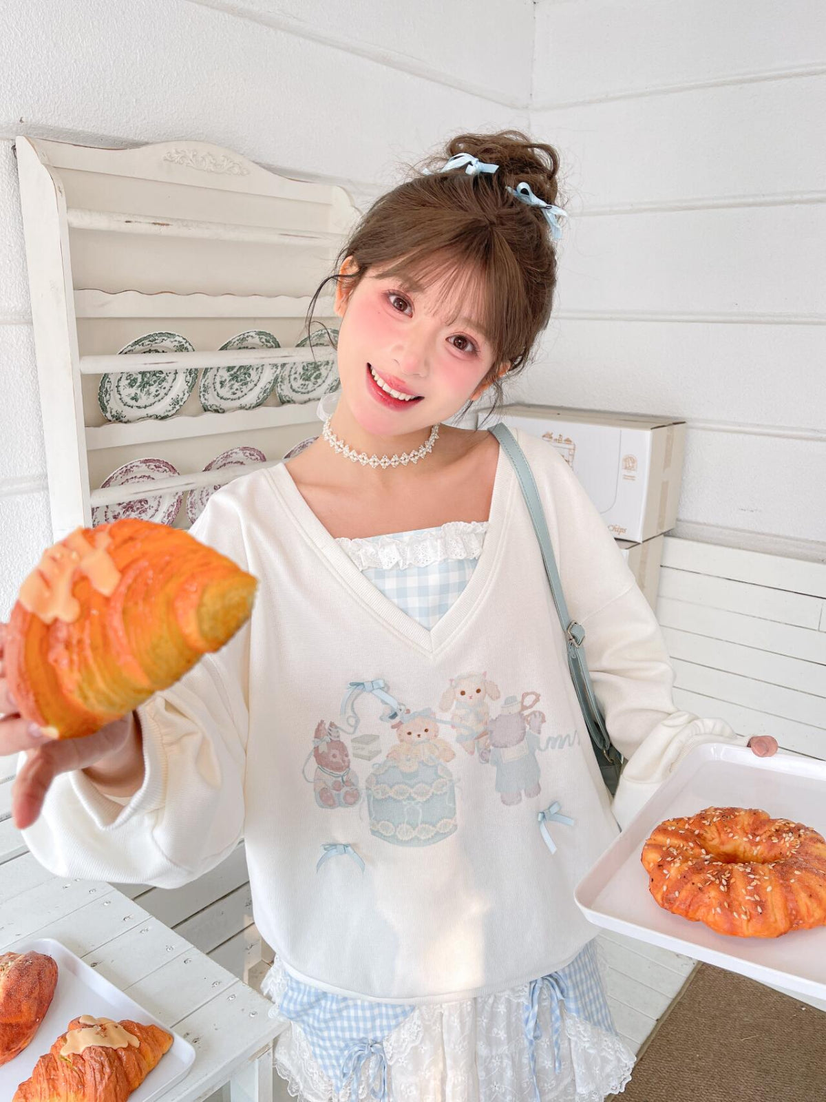Milk Lamb Gingham Sweatshirt-Tops-ntbhshop