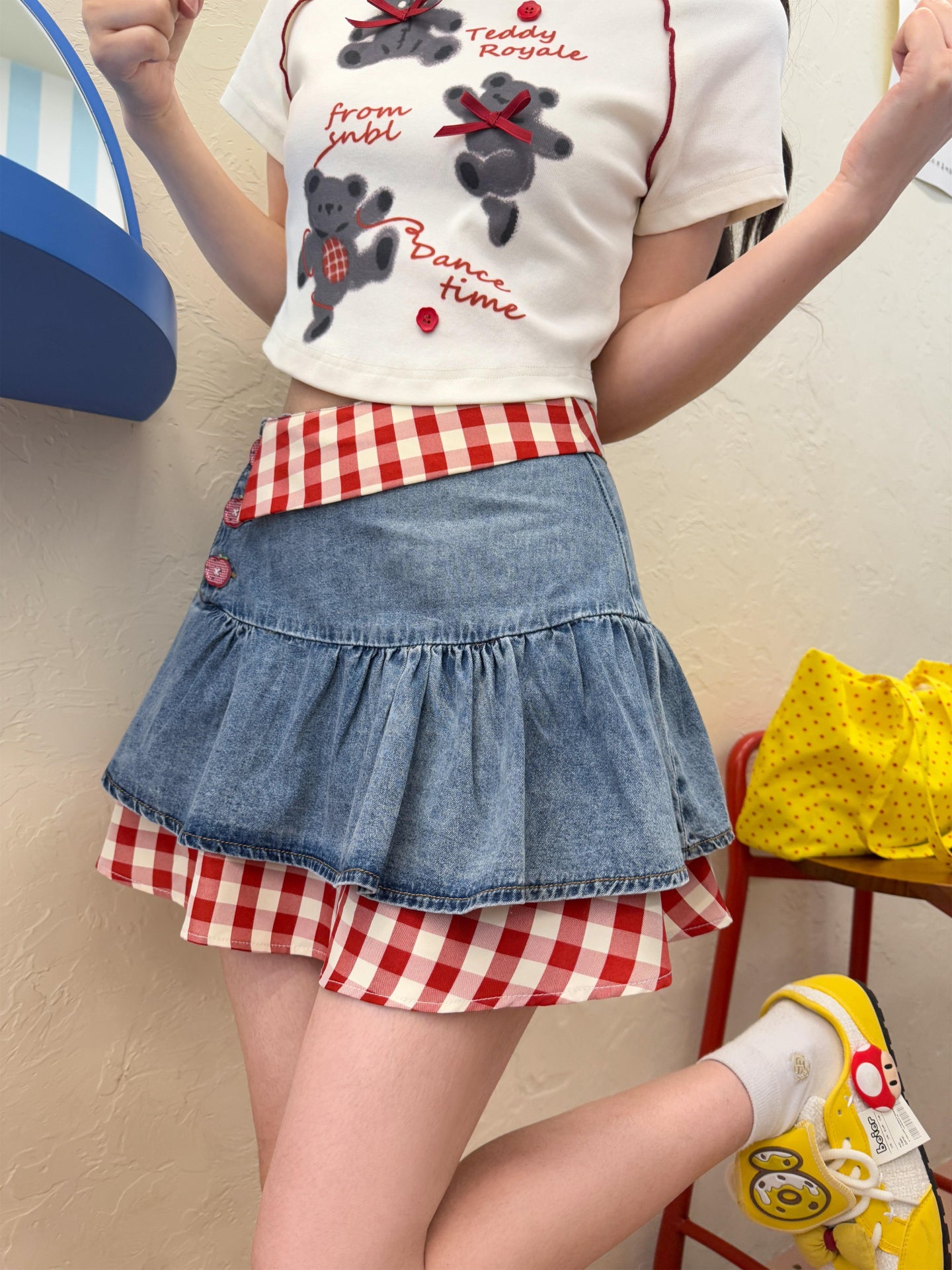 Picnic Gingham Denim Skirts-Bottoms-ntbhshop