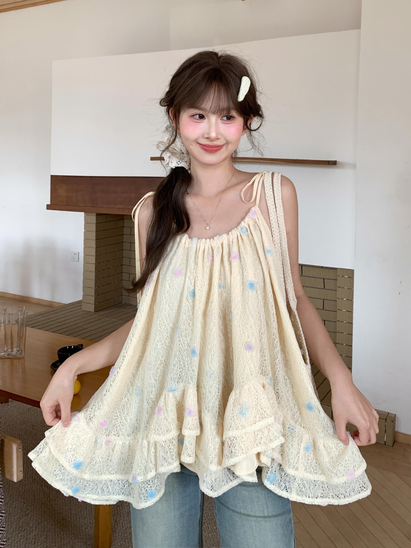 Cloud Bloom Ruffle Camisole-Tops-ntbhshop