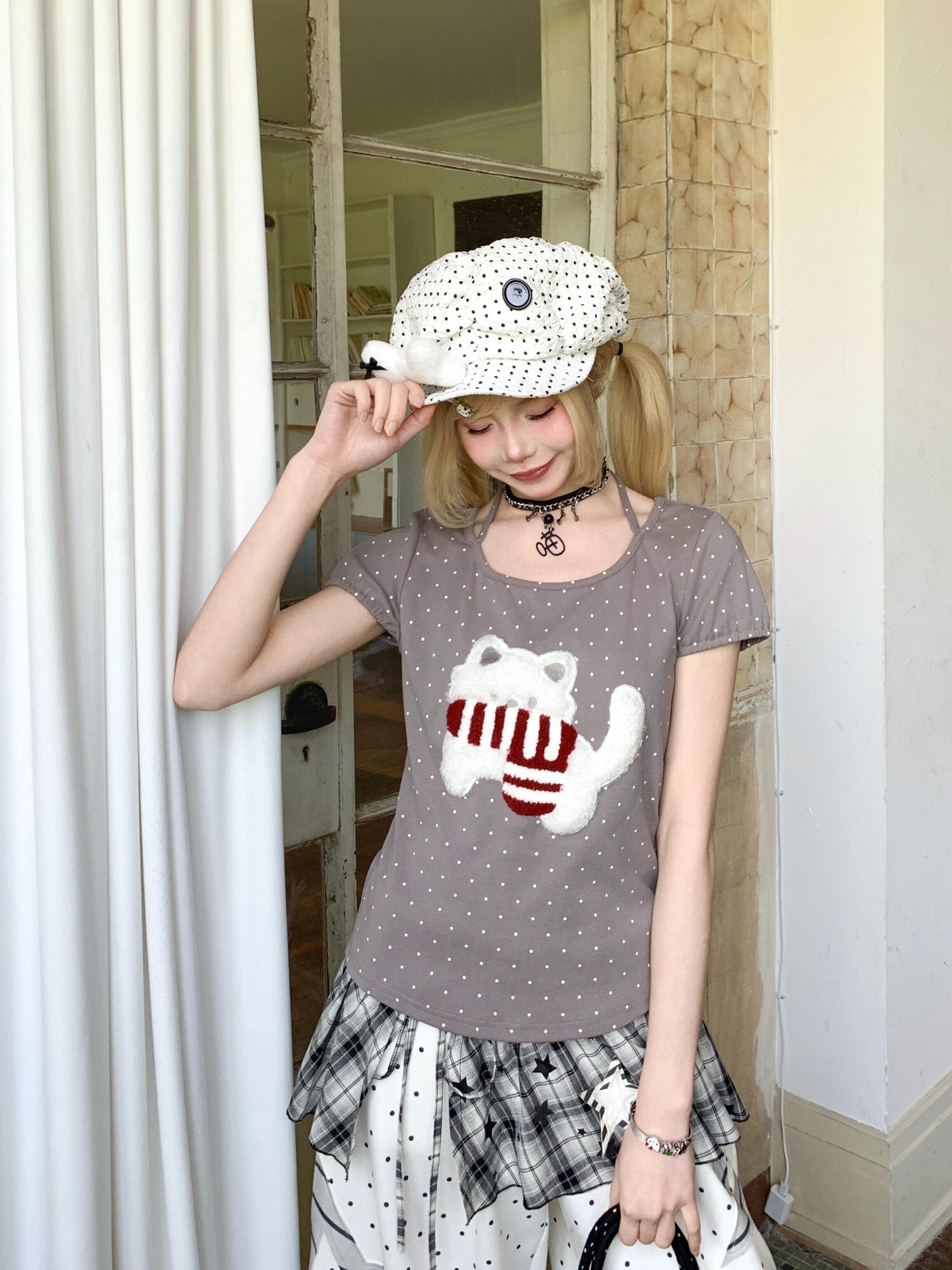Polka Dot Kitten Halter Tee-Tops-ntbhshop